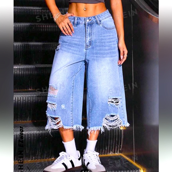 SHEIN Denim - Cute wide leg high waist denim capris